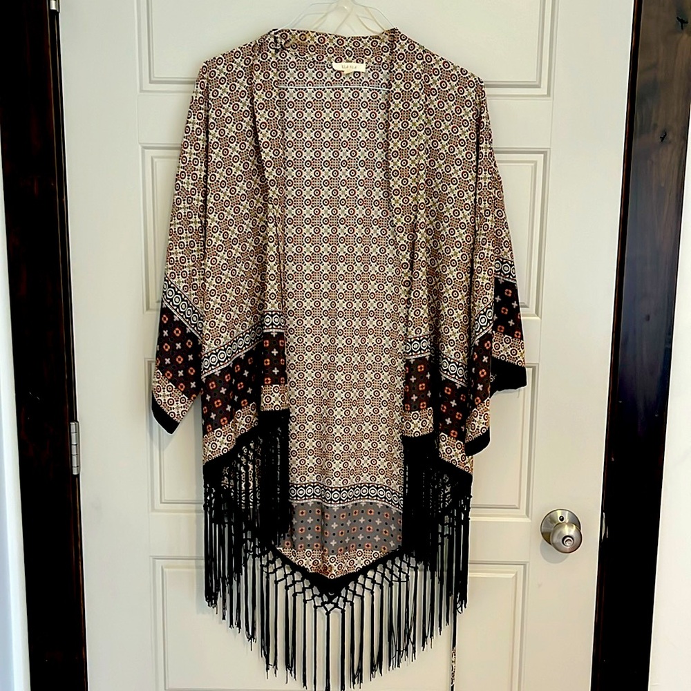 Ila Ila Kimono Black Orange & Grey with Black Fringe Belt String with Tassles